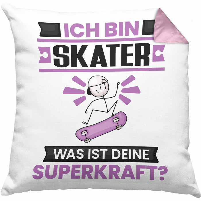 Skater Kissen mit Füllung 40x40 Geschenk für Skater Geburtstag Lustiger Spruch Was Ist Deine Superkraft (Grau) Rosa Trendation