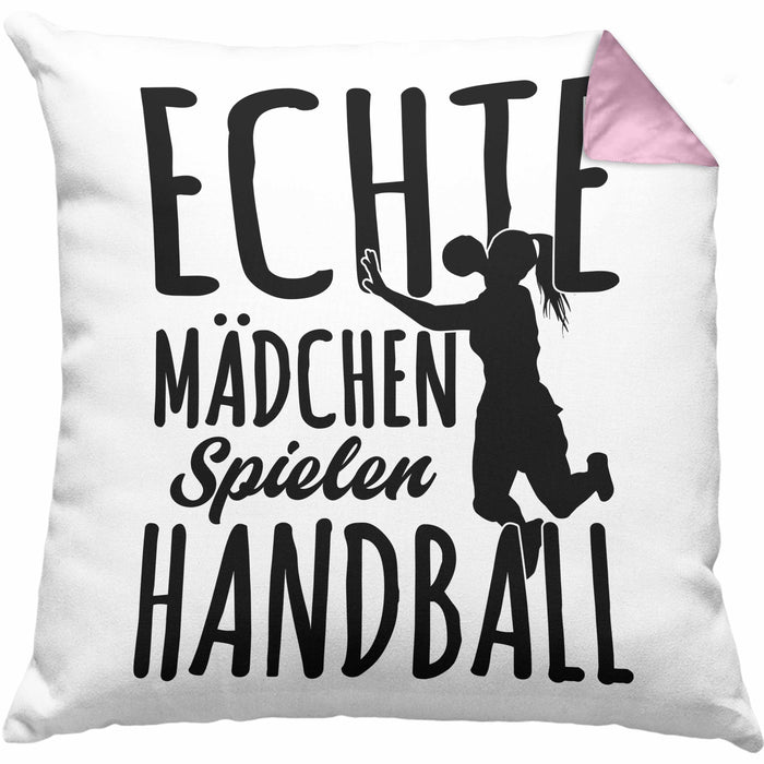 Mädchen Handball-Spielerin Kissen mit Füllung 40x40 Geschenk Spruch Echte Mädchen Spielen Handball Geschenkidee Frauen (Grau) Rosa Trendation