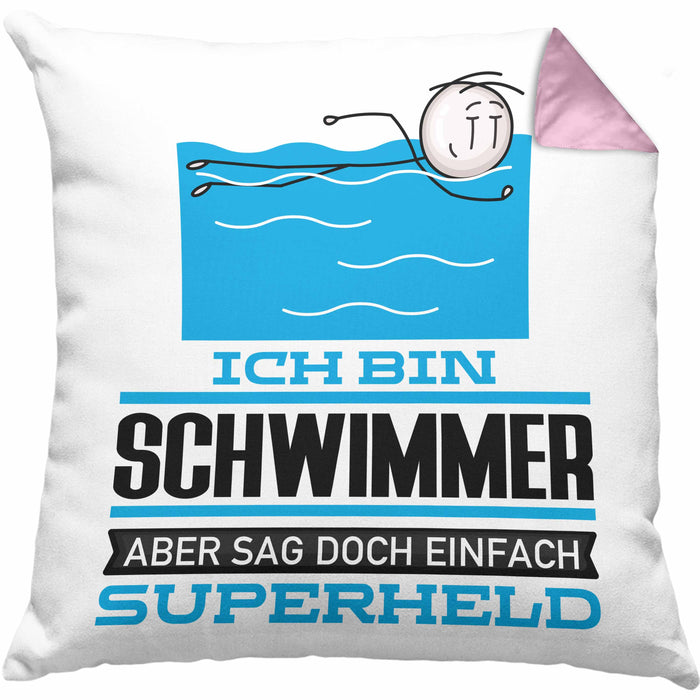 Schwimmer Geschenk Kissen mit Füllung 40x40 Ich Bin Schwimmer Aber Sag Doch Einfach Superheld Lustige Geschenkdiee für Schwimmer (Grau) Rosa Trendation