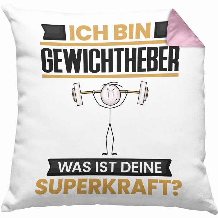 Gewichtheber Kissen mit Füllung 40x40 Geschenk für Gewichtheber Geburtstag Lustiger Spruch Was Ist Deine Superkraft (Grau) Rosa Trendation