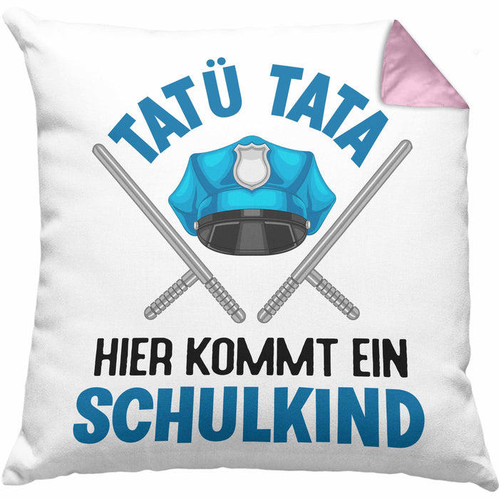 Einschulung Junge Tatü Tata Schulkind Geschenk für Schultüte Füllung Kissen mit Füllung 40x40 Schulstart 1. Schultag Schuleinführung Schulanfang Geschenkidee 2024 (Grau) Rosa Trendation