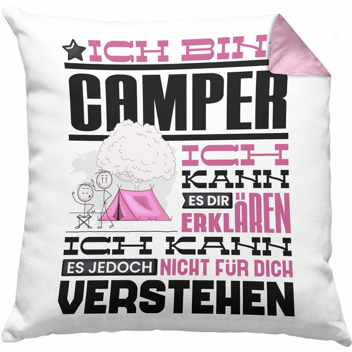 Camper Geschenk Kaffee-Kissen mit Füllung 40x40 Geschenkidee für Camper Ich Bin Camper Ich Kann Es Dir Erklären Jedoch Nicht Für Dich Verstehen Spruch Lustig (Grau) Rosa Trendation
