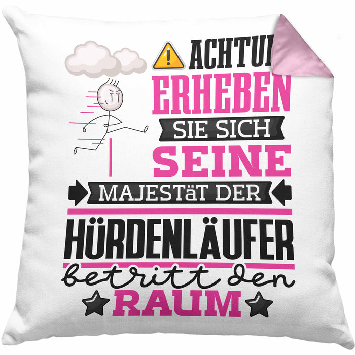 Hürdenläufer Geschenk Kissen mit Füllung 40x40 Lustiger Spruch Erheben Sie Sich Der Hürdenläufer Betritt den Raum (Grau) Rosa Trendation