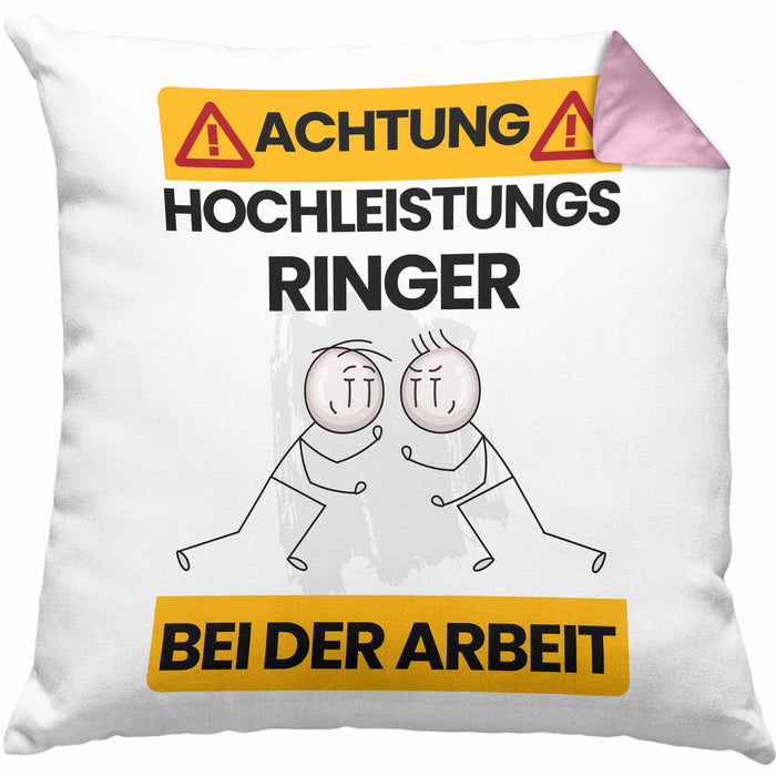 Ringer Kissen mit Füllung 40x40 Geschenk Lustiger Spruch Geschenkidee für Ringer Achtung Hochleistungs Ringer Bei Der Arbeit (Grau) Rosa Trendation