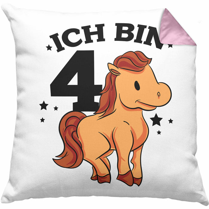 Lustige Kissen mit Füllung 40x40 4. Geburtstag für Mädchen Pferde-Motiv Pferdefans Reiterin (Grau) Rosa Trendation