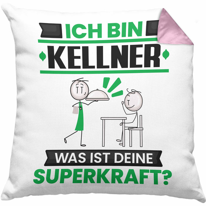 Kellner Kissen mit Füllung 40x40 Geschenk für Kellner Geburtstag Lustiger Spruch Was Ist Deine Superkraft (Grau) Rosa Trendation