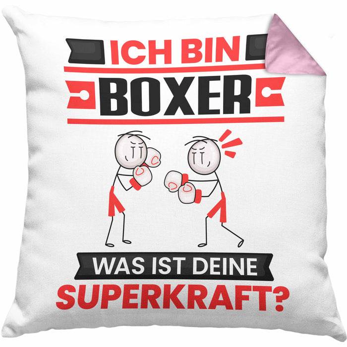 Boxer Kissen mit Füllung 40x40 Geschenk für Boxer Geburtstag Lustiger Spruch Was Ist Deine Superkraft (Grau) Rosa Trendation