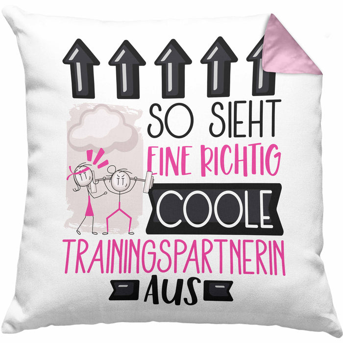 Trainingspartnerin Geschenk Kissen mit Füllung 40x40 Lustig Geschenkidee für Trainingspartnerin Geburtstag So Sieht Eine Richtig Coole Trainingspartnerin Aus Frauen Spruch (Grau) Rosa Trendation