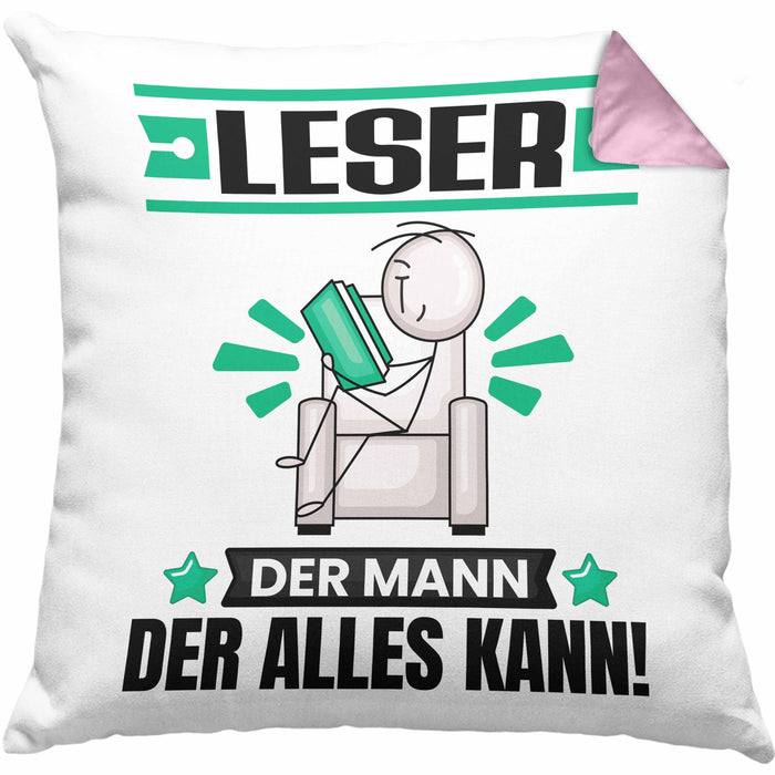 Leser Kissen mit Füllung 40x40 Geschenk für Leser Der Mann Der Alles Kann Geschenkidee zum Geburtstag (Grau) Rosa Trendation
