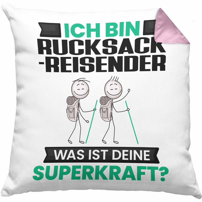Rucksackreisender Kissen mit Füllung 40x40 Geschenk für Rucksackreisender Geburtstag Lustiger Spruch Was Ist Deine Superkraft (Grau) Rosa Trendation