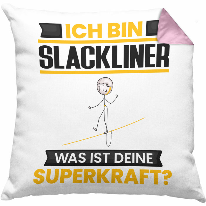 Slackliner Kissen mit Füllung 40x40 Geschenk für Slackliner Geburtstag Lustiger Spruch Was Ist Deine Superkraft (Grau) Rosa Trendation