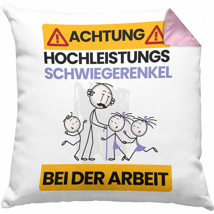 Schwiegerenkel Kissen mit Füllung 40x40 Geschenk Lustiger Spruch Geschenkidee für Schwiegerenkel Achtung Hochleistungs Schwiegerenkel Bei Der Arbeit (Grau) Rosa Trendation