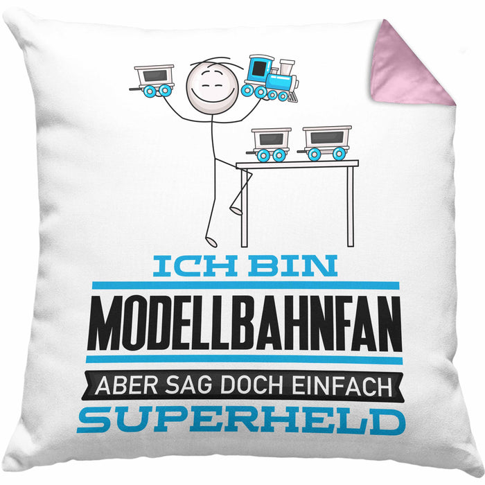 Modellbahnfan Geschenk Kissen mit Füllung 40x40 Ich Bin Modellbahnfan Aber Sag Doch Einfach Superheld Lustige Geschenkdiee für Modellbahnfan (Grau) Rosa Trendation