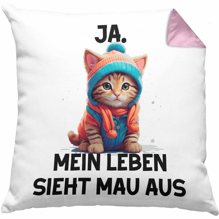 Dank Meme Kissen mit Füllung 40x40 Katzen Besitzer Wortspiel Ja Mein Leben Sieht Mau Aus Traurige Katze Geschenkidee Süße Katze (Grau) Rosa Trendation