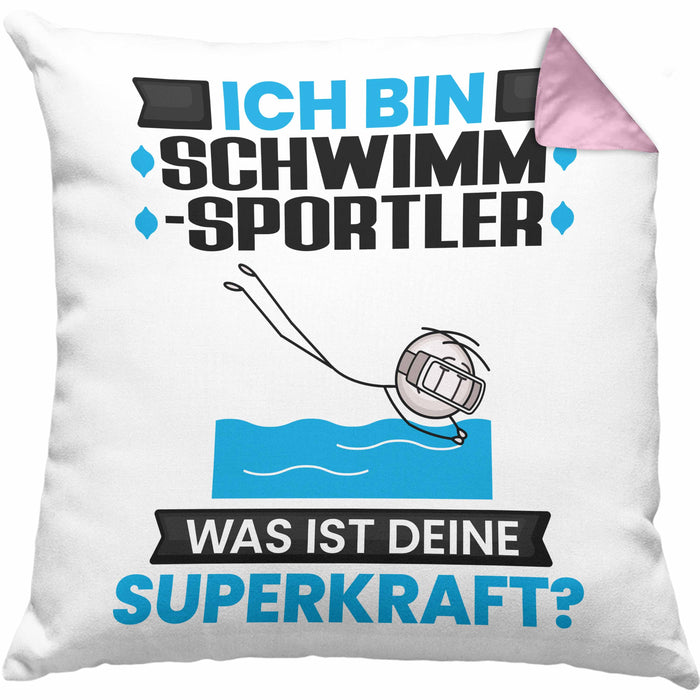 Schwimmsportler Kissen mit Füllung 40x40 Geschenk für Schwimmsportler Geburtstag Lustiger Spruch Was Ist Deine Superkraft (Grau) Rosa Trendation