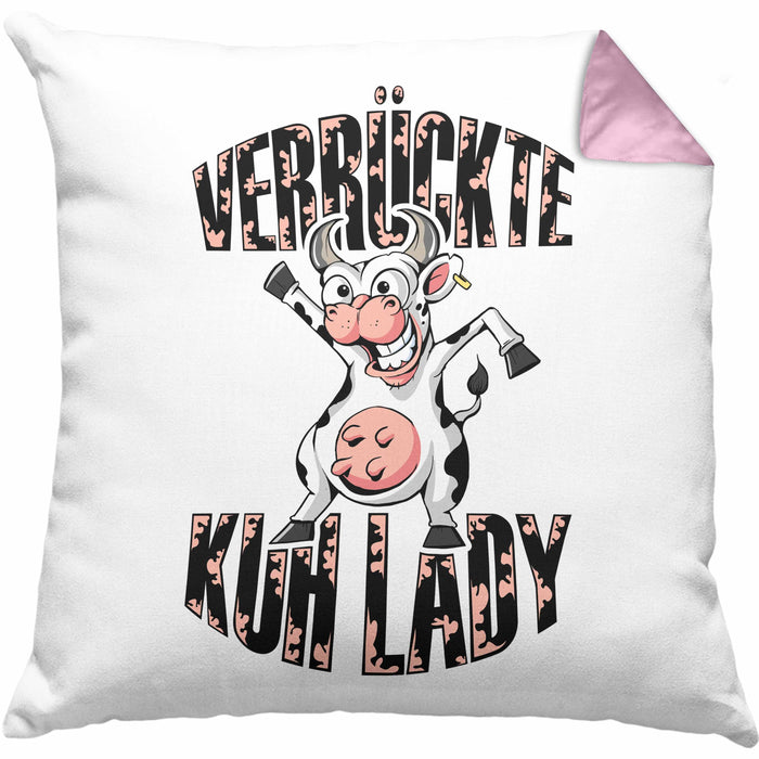 Lustige Kissen mit Füllung 40x40 Geschenk Frauen "Verrückte Kuhlady" Bauernhof Bäuerin (Grau) Rosa Trendation