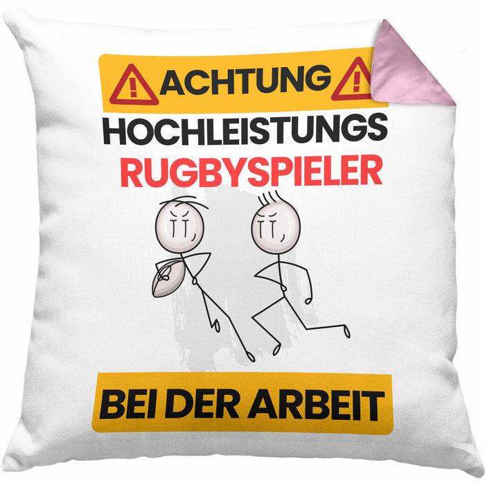 Rugbyspieler Kissen mit Füllung 40x40 Geschenk Lustiger Spruch Geschenkidee für Rugbyspieler Achtung Hochleistungs Rugbyspieler Bei Der Arbeit (Grau) Rosa Trendation