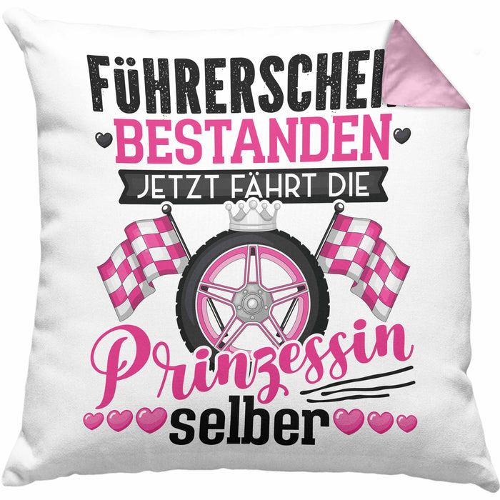 Führerschein Bestanden Geschenk Kissen mit Füllung 40x40 Bestandener Führerschein Jetzt Fährt Die Prinzessin Selber Motorrad Bike Fahrschule (Grau) Rosa Trendation