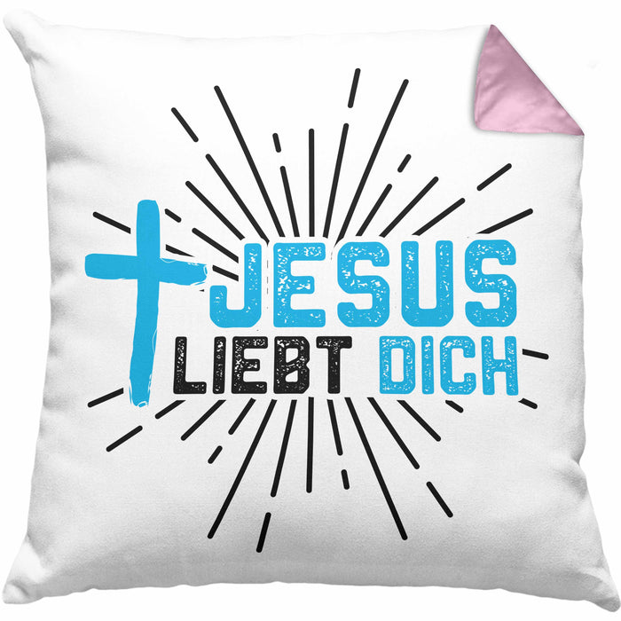 Jesus Liebt Dich Kissen mit Füllung 40x40 Geschenk Ostern Christentum Kirche Gläubiger Geschenkidee Häferl (Grau) Rosa Trendation