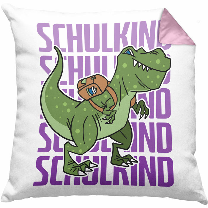 Einschulung Kissen mit Füllung 40x40 Geschenk Jungs Erster Schultag: Lustige T-Rex Dino Kissen mit Füllung 40x40 für Schulkind (Grau) Rosa Trendation