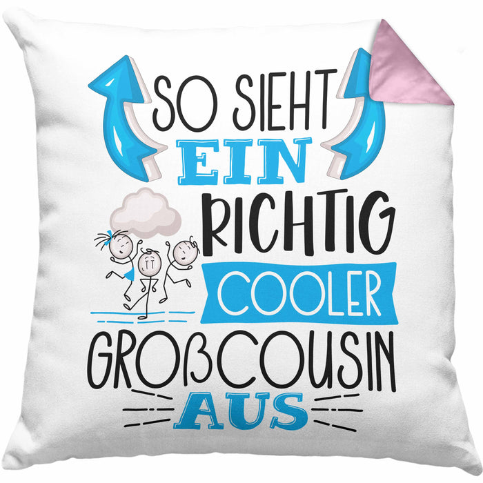 Großcousin Kissen mit Füllung 40x40 Geschenk So Sieht Ein RIchtig Cooler Großcousin Aus Geschenkidee Lustiger Spruch Geburtstag (Grau) Rosa Trendation