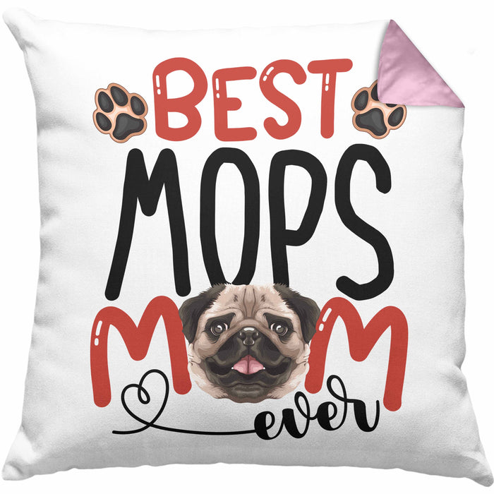 Mops Mom Besitzerin Kissen mit Füllung 40x40 Geschenk Lustiger Spruch Geschenkidee Besitzerin Mops Mama (Grau) Rosa Trendation
