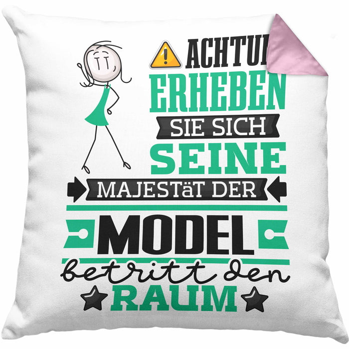 Model Geschenk Kissen mit Füllung 40x40 Lustiger Spruch Erheben Sie Sich Der Model Betritt den Raum (Grau) Rosa Trendation