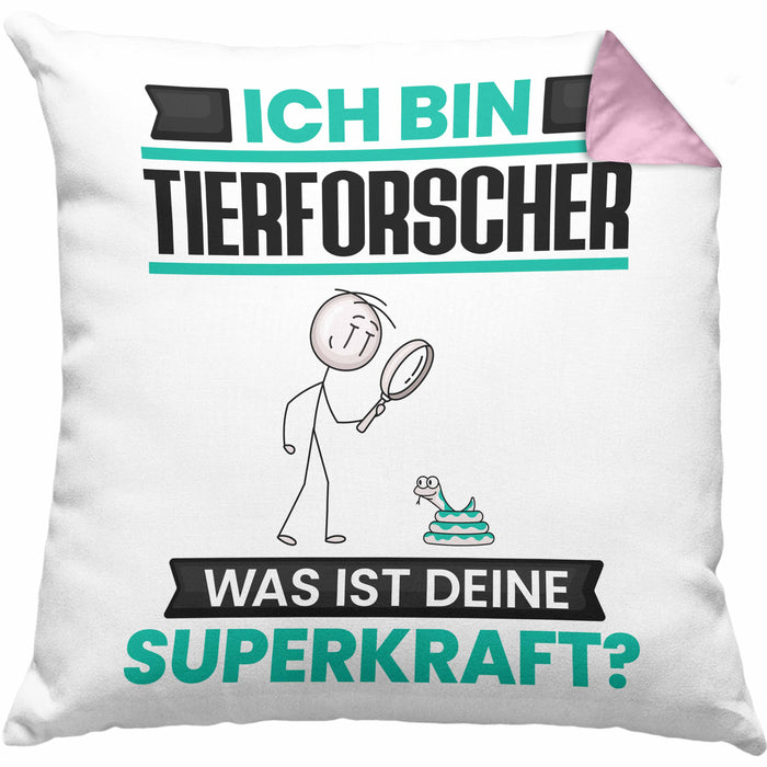 Tierforscher Kissen mit Füllung 40x40 Geschenk für Tierforscher Geburtstag Lustiger Spruch Was Ist Deine Superkraft (Grau) Rosa Trendation