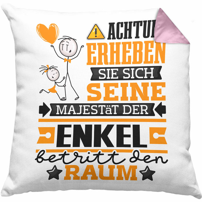Enkel Geschenk Kissen mit Füllung 40x40 Lustiger Spruch Erheben Sie Sich Der Enkel Betritt den Raum (Grau) Rosa Trendation