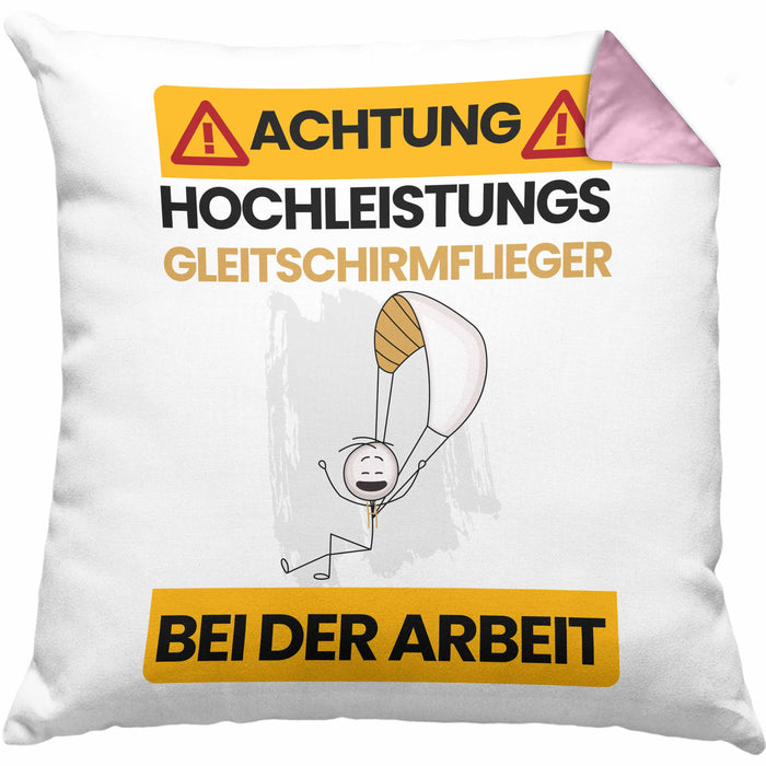 Gleitschirmflieger Kissen mit Füllung 40x40 Geschenk Lustiger Spruch Geschenkidee für Gleitschirmflieger Achtung Hochleistungs Gleitschirmflieger Bei Der Arbeit (Grau) Rosa Trendation