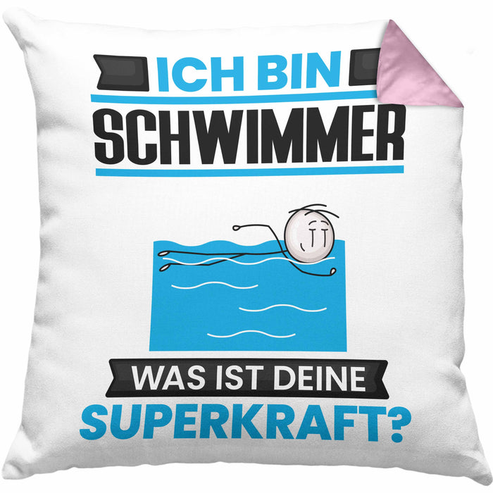 Schwimmer Kissen mit Füllung 40x40 Geschenk für Schwimmer Geburtstag Lustiger Spruch Was Ist Deine Superkraft (Grau) Rosa Trendation