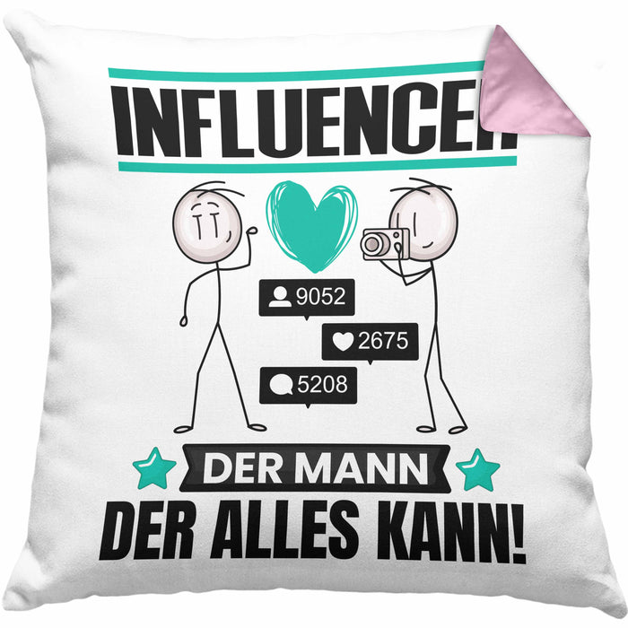 Influencer Kissen mit Füllung 40x40 Geschenk für Influencer Der Mann Der Alles Kann Geschenkidee zum Geburtstag (Grau) Rosa Trendation