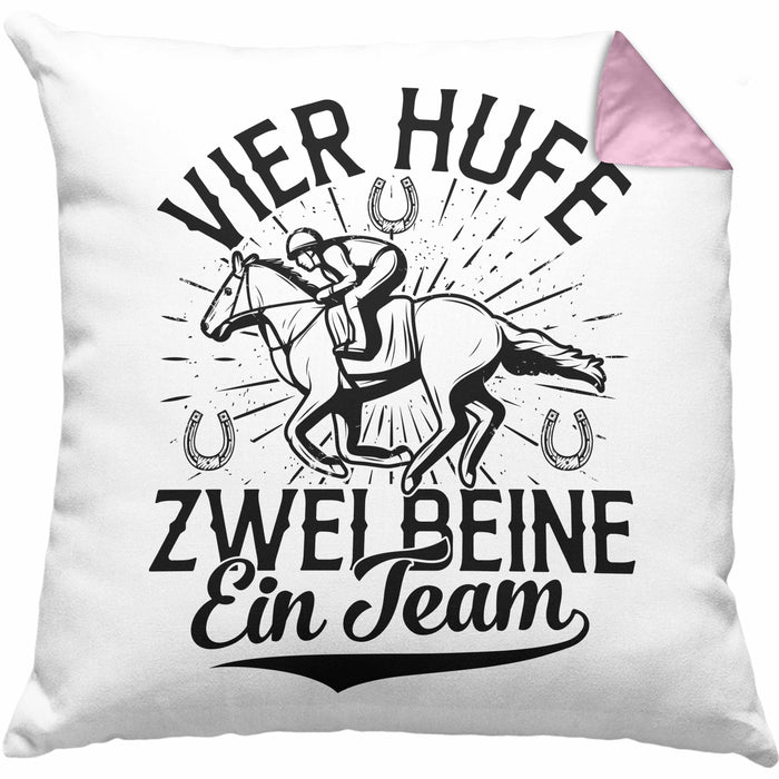 Reiterin Kissen mit Füllung 40x40 Spruch Geschenk Pferde-Liebhaberin Geschenkidee Mädchen Vier Hufe Zwei Beine Ein Team (Grau) Rosa Trendation