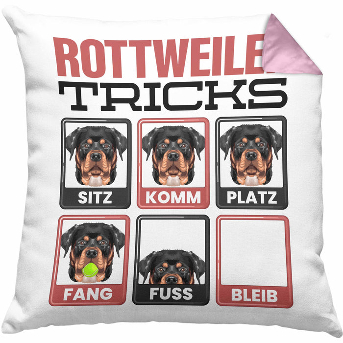 Rottweiler Besitzer Kissen mit Füllung 40x40 Geschenk Lustiger Spruch Geschenkidee Rottweiler Tricks Bleib (Grau) Rosa Trendation