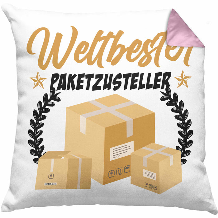 Paketzusteller Geschenk Kissen mit Füllung 40x40 Spruch Weltbester Paketzusteller Postbote (Grau) Rosa Trendation