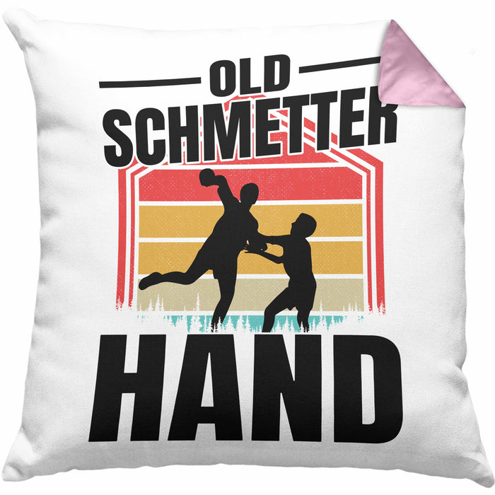Handball Geschenk Kissen mit Füllung 40x40 Geschenkidee Handball-Spieler Handballspielerin Mädchen Jungs Old Schmetterhand (Grau) Rosa Trendation