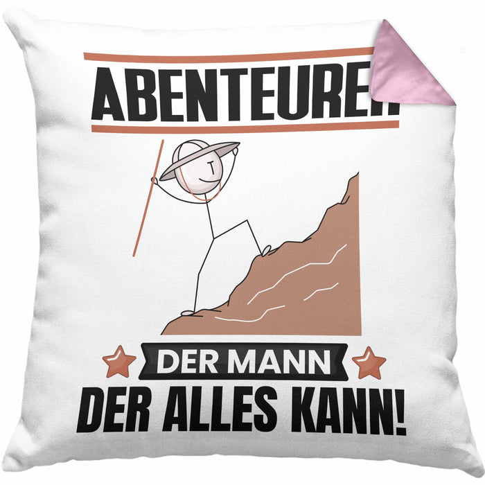 Abenteurer Kissen mit Füllung 40x40 Geschenk für Abenteurer Der Mann Der Alles Kann Geschenkidee zum Geburtstag (Grau) Rosa Trendation