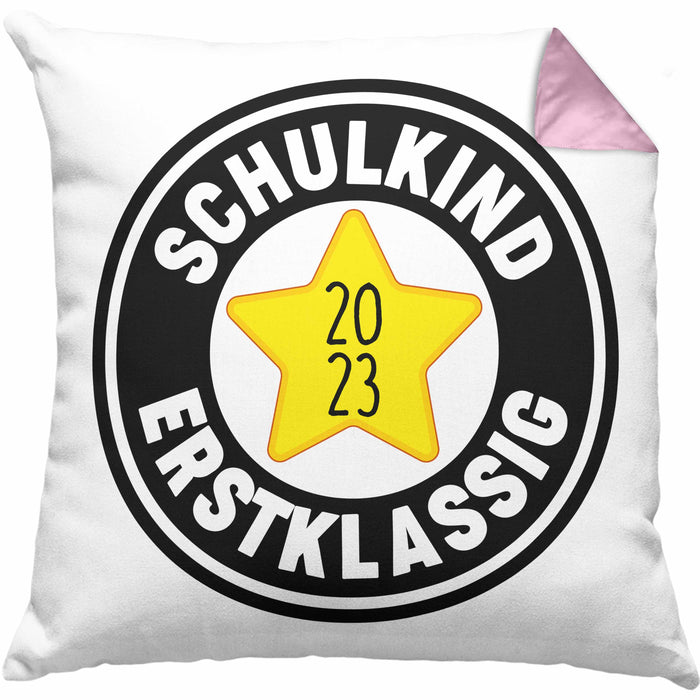 Schulkind Erstklassig Einschulung Junge Mädchen Geschenk Schultüte Füllung Kissen mit Füllung 40x40 Schulstart 1. Schultag Schuleinführung Schulanfang Geschenkidee Schulkind 2024 (Grau) Rosa Trendation