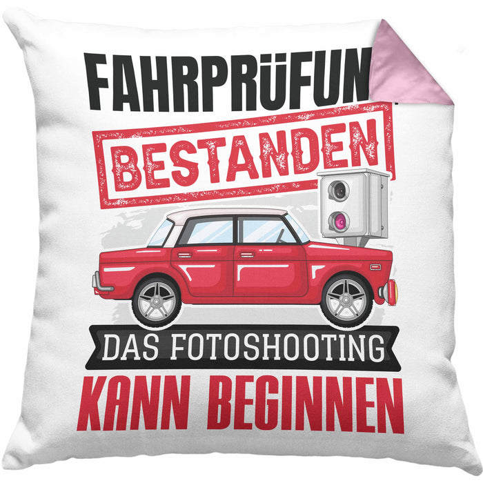 Führerschein Bestanden Geschenk Kissen mit Füllung 40x40 Bestandener Führerschein Das Fotoshooting Kann Beginnen Fahrschule (Grau) Rosa Trendation