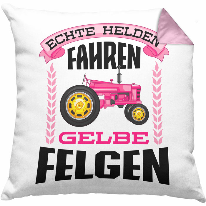 Landwirtin Spruch Frau Geschenk Kissen mit Füllung 40x40 Landwirtschaft Geschenke für Männer Traktor Spruch Echte Felgen (Grau) Rosa Trendation