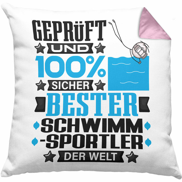 Schwimmsportler Geschenk Lustiger Spruch für Schwimmsportler Geschenkidee Bester Schwimmsportler Der WeltKissen mit Füllung 40x40 (Grau) Rosa Trendation