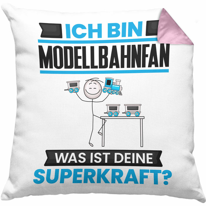 Modellbahnfan Kissen mit Füllung 40x40 Geschenk für Modellbahnfan Geburtstag Lustiger Spruch Was Ist Deine Superkraft (Grau) Rosa Trendation