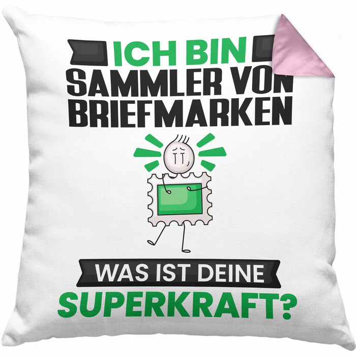 Sammler von Briefmarken Kissen mit Füllung 40x40 Geschenk für Sammler von Briefmarken Geburtstag Lustiger Spruch Was Ist Deine Superkraft (Grau) Rosa Trendation