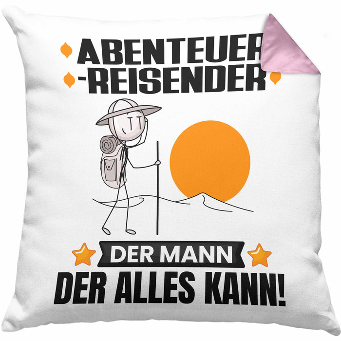 Abenteurreisender Kissen mit Füllung 40x40 Geschenk für Abenteurreisender Der Mann Der Alles Kann Geschenkidee zum Geburtstag (Grau) Rosa Trendation