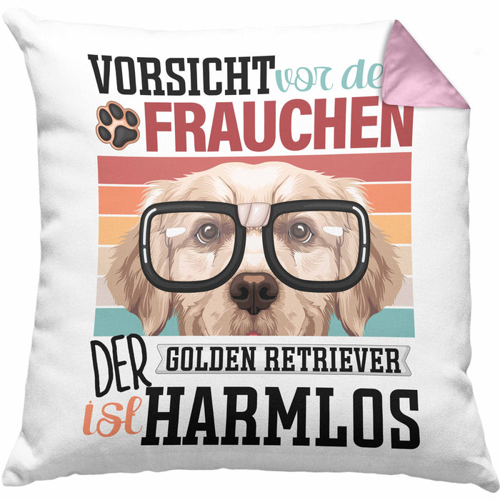 Golden Retriever Besitzerin Frauchen Kissen mit Füllung 40x40 Geschenk Lustiger Spruch Geschenkidee Vorsicht Vor Dem Frauchen (Grau) Rosa Trendation