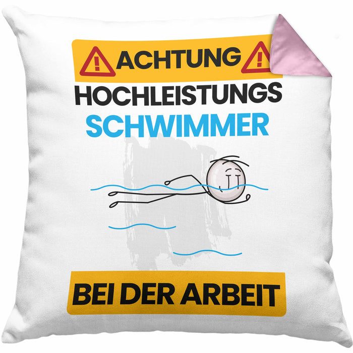 Schwimmer Kissen mit Füllung 40x40 Geschenk Lustiger Spruch Geschenkidee für Schwimmer Achtung Hochleistungs Schwimmer Bei Der Arbeit (Grau) Rosa Trendation