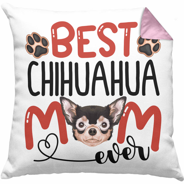 Chihuahua Mom Besitzerin Kissen mit Füllung 40x40 Geschenk Lustiger Spruch Geschenkidee Besitzerin Chihuahua Mama (Grau) Rosa Trendation