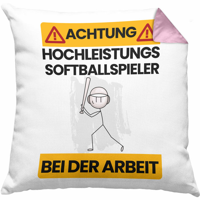 Softballspieler Kissen mit Füllung 40x40 Geschenk Lustiger Spruch Geschenkidee für Softballspieler Achtung Hochleistungs Softballspieler Bei Der Arbeit (Grau) Rosa Trendation