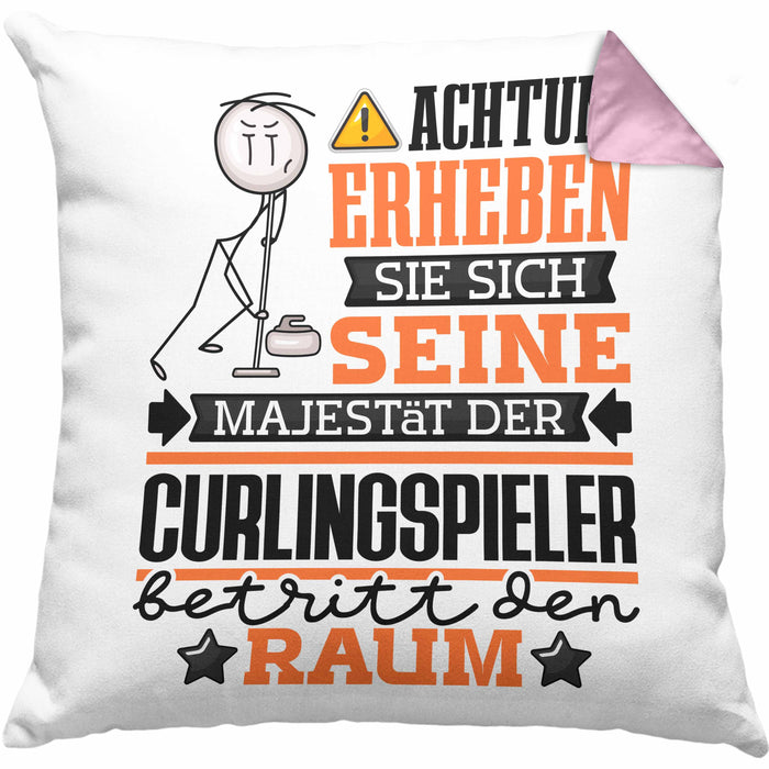 Curlingspieler Geschenk Kissen mit Füllung 40x40 Lustiger Spruch Erheben Sie Sich Der Curlingspieler Betritt den Raum (Grau) Rosa Trendation