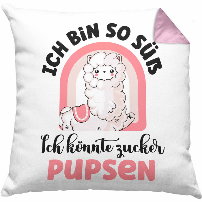 Geschenk für beste Freundin Kissen mit Füllung 40x40 Alpaka Llama Kissen mit Füllung 40x40 mit Spruch Ich Bin So Süß Ich Könnte Zucker Pupsen Geschenkidee für Frauen (Grau) Rosa Trendation